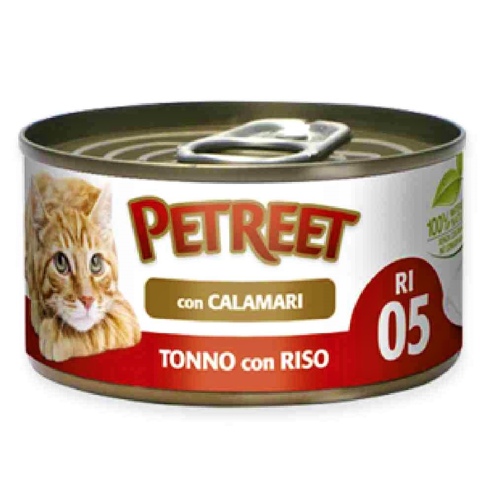 ALIMENTO UMIDO PER GATTO ADULTO CON TONNO, RISO E CALAMARI 85 GR - PETREET