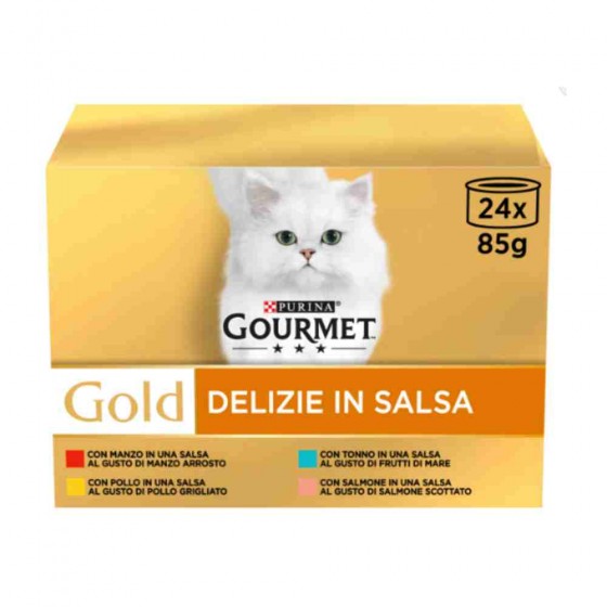 DELIZIE IN SALSA GOURMET GOLD PER GATTO CON MANZO, POLLO, TONNO E SALMONE 24 X 85 GR - PURINA