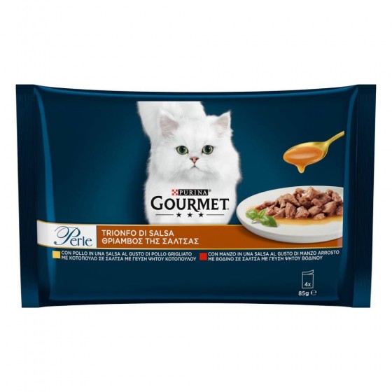 PERLE TRIONFO DI SALSA GOURMET GOLD PER GATTO CON POLLO E MANZO 4 X 85 GR - PURINA